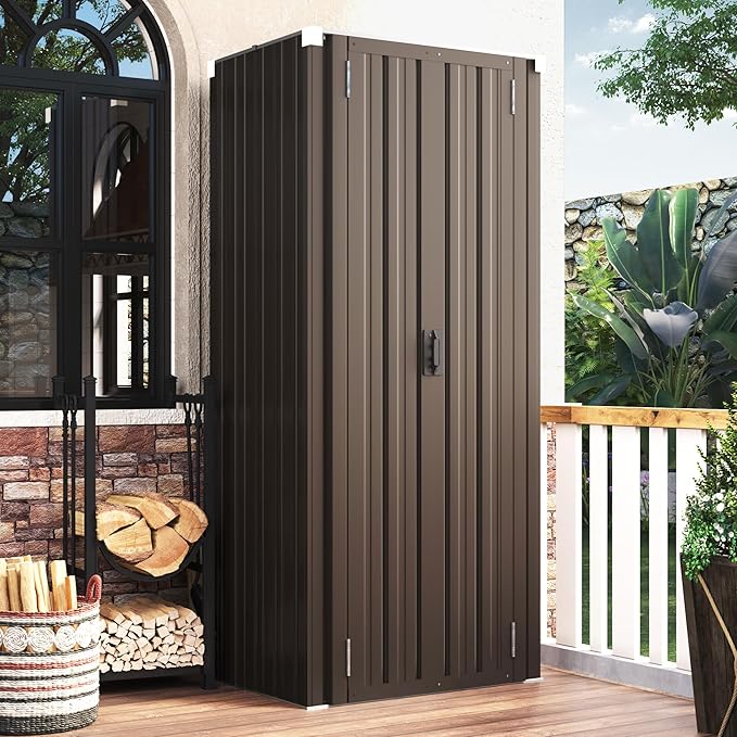 AECOJOY Outdoor Storage Cabinet Waterproof with Shelves, Vertical Tall Garden Outdoor Cabinet, Sheds & Outdoor Storage Clearance Cabinet Weatherproof for Outside in Brown