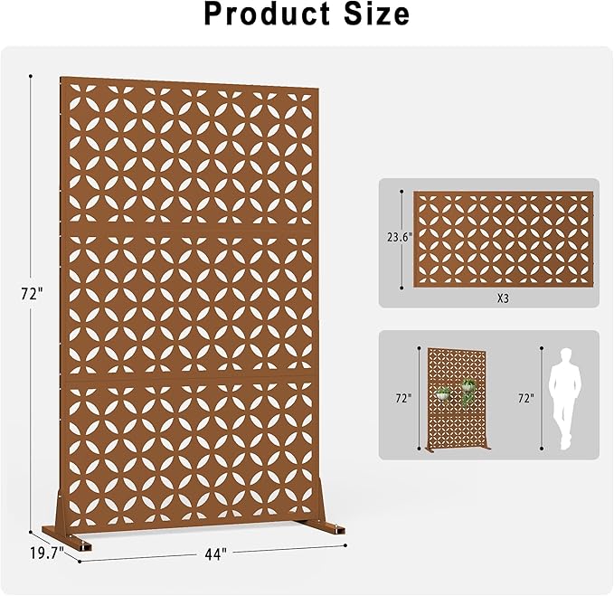 Heavy-Duty Outdoor Privacy Screen for Patio, Balcony, Backyard - 72" H * 44" W Metal Room Divider with Classic Clover Pattern, Anti-Tipping Kit, Weather Resistant, Easy Assembly (Browm-SYC)