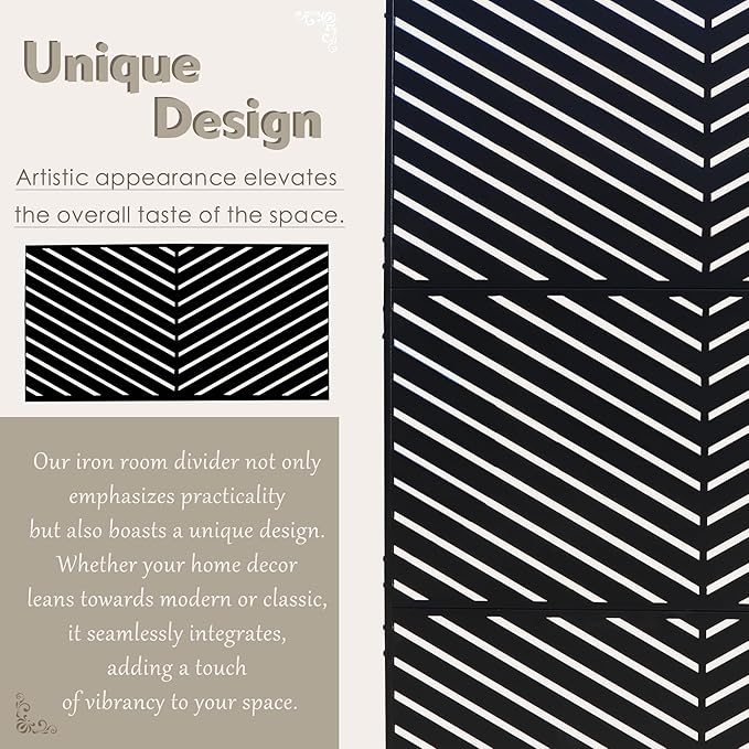 Kozyard Metal Privacy Screen 74" H x 47.2" W Decorative Outdoor Divider with Stand Panels Freestanding Screen Set for Deck Patio Balcony Garden Outdoor&Indoor(Black/Chevron)