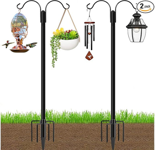 Ottsuls Bird Feeder Pole, 2 Pack 108 INCH Double Shepherds Hooks for Outdoor, with 5 Base Prongs Heavy Duty Tall Garden Planter Hooks for Hanging Flower Basket, Lantern, Hummingbird Feeder