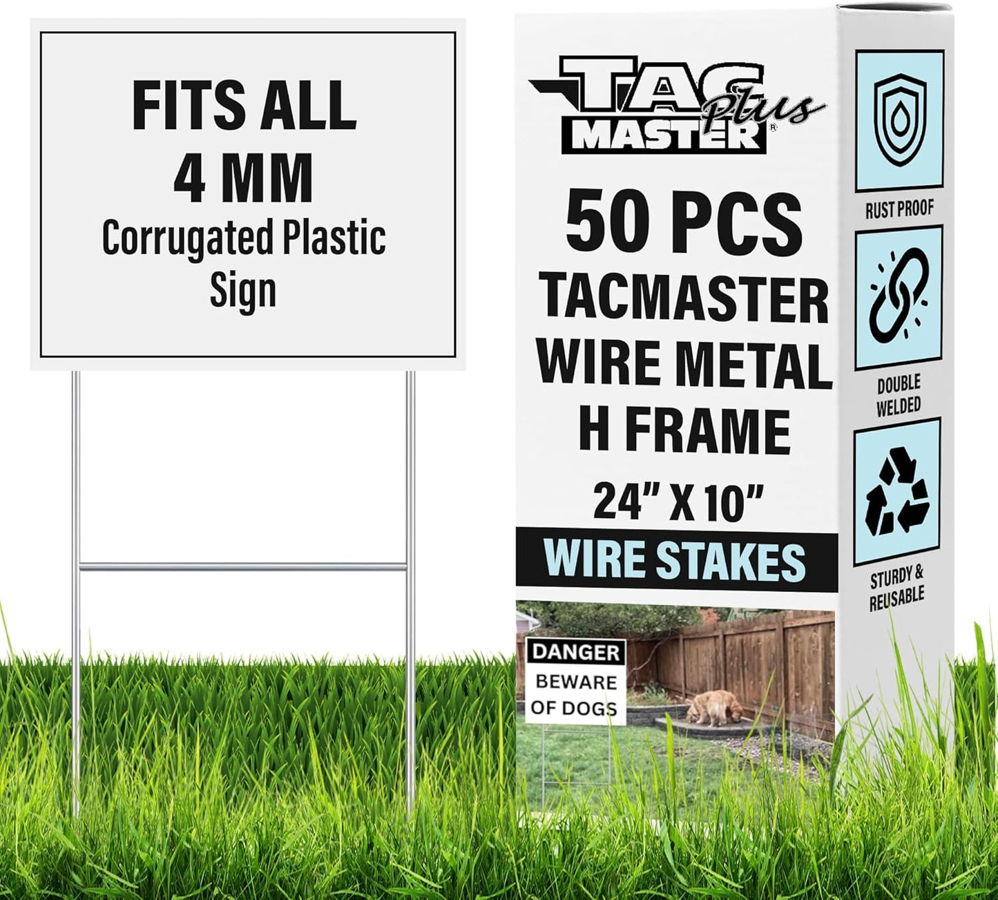 Tacmaster Wire Metal Yard and Sign H Stakes – Durable Blank Lawn Sign Posts for 4mm Corrugated Panels, Real Estate Signs, Waterproof and Wind Resistant, Ideal for Outdoor Use, 24"x10" – 50 Pack