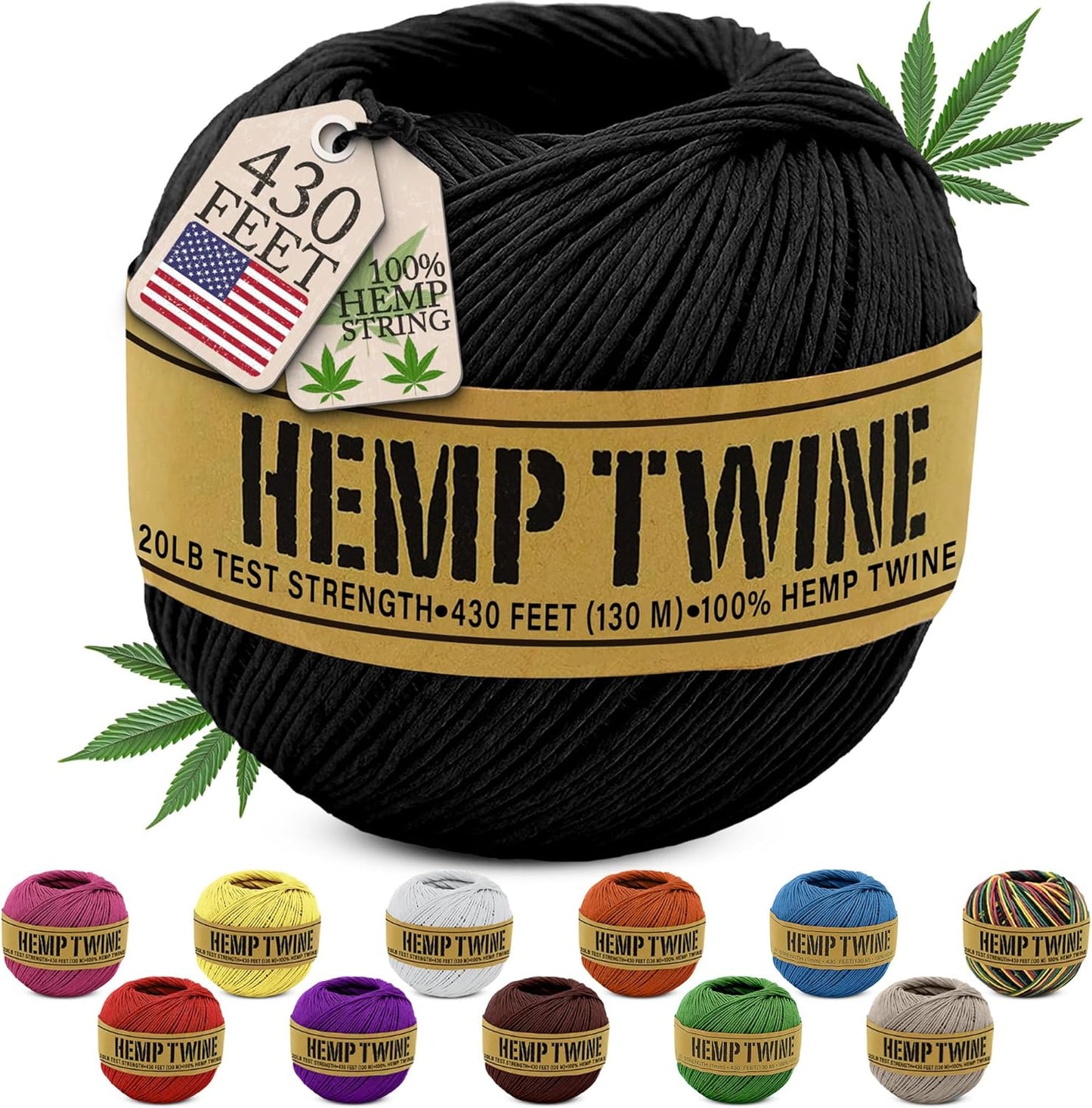 Hemp Twine for Gardening - Twine for Crafts - Organic Natural Hemp String for Jewelry Making - Strong Durable Cord for Decoration, Macrame + Cooking - 1MM, 100G/430 Ft. - 20 lb. Test Strength - Black