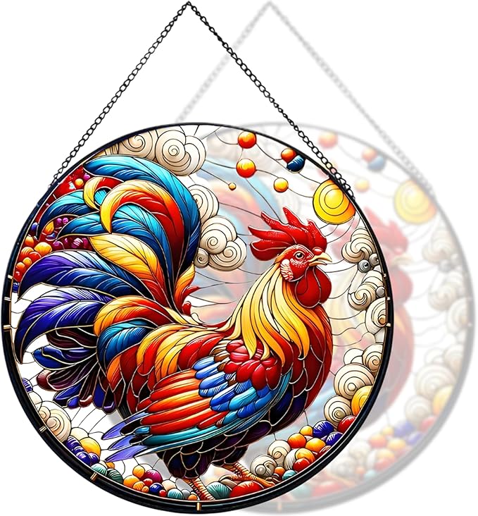 RIVEENY Rooster Glass Window Hangings, 8" Rooster Sun Catcher Stained Glass Window Panels, Wall Art Stained Panel Hangings Gift for Home Garden Ornament (Roosters)
