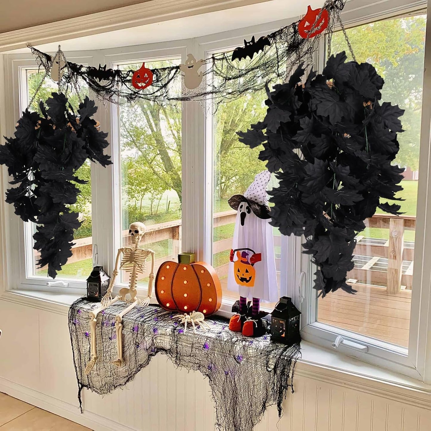RECUTMS Black Maple Leaf Garland 2PCS Artificial Hanging Fall Halloween Maples Leaves Swag Plants 2.5ft Faux Silk Autumn Garlands for Indoor Outdoor Thanksgiving Party Home Room Fireplace Patio Decor