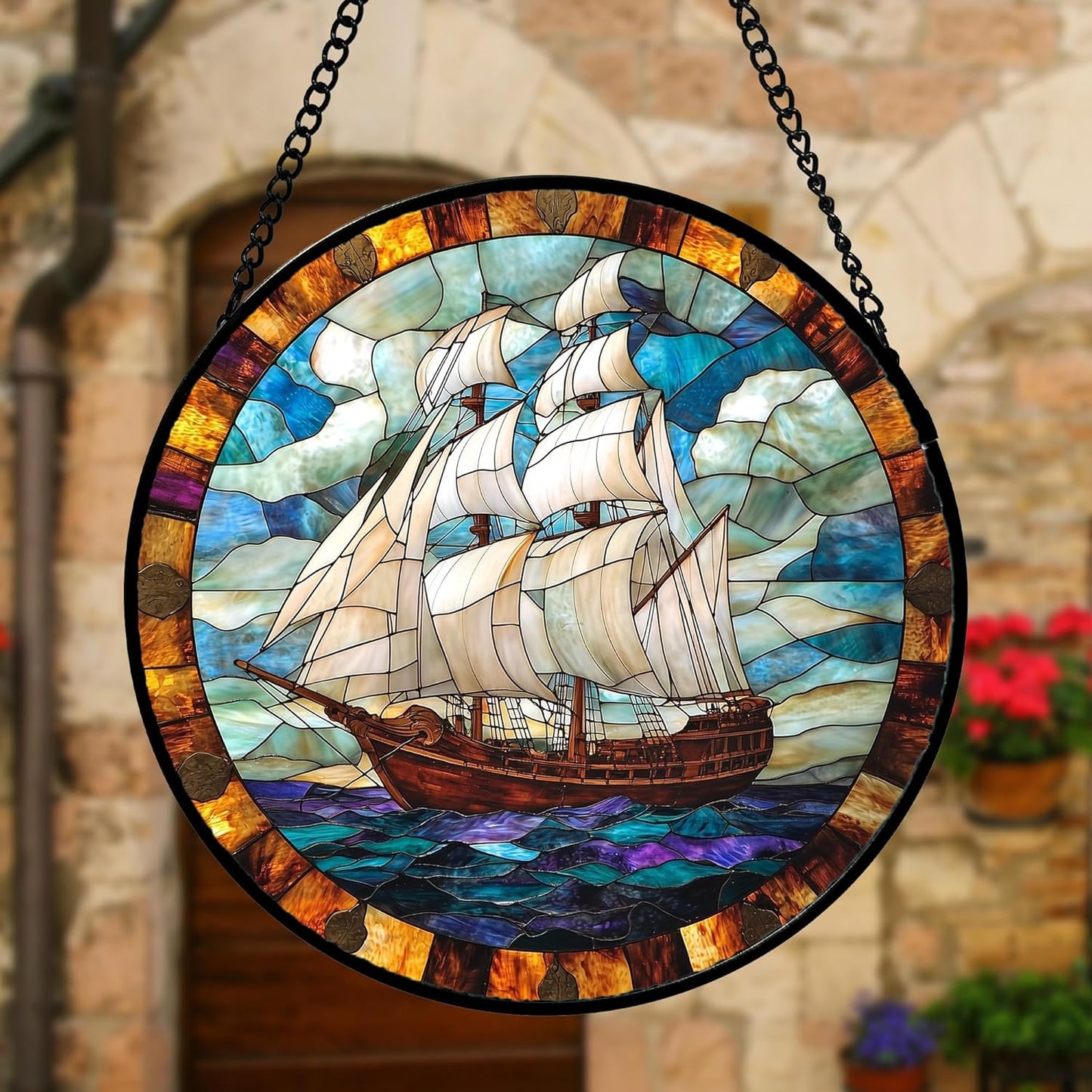 Stained Glass Window Hanging, Sailing Ocean Sun Catchers Glass Panel Navigation Suncatcher Decor for Birthday for Women, Men, Wife, Aunt, and Mom 7.8 in