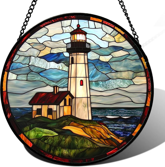 Stained Glass Window Hanging, Ocean Lighthouse Sun Catchers Glass Panel Blue Green Suncatcher Decor for Birthday for Women, Men, Wife, Aunt, and Mom 14.9x14.9 in
