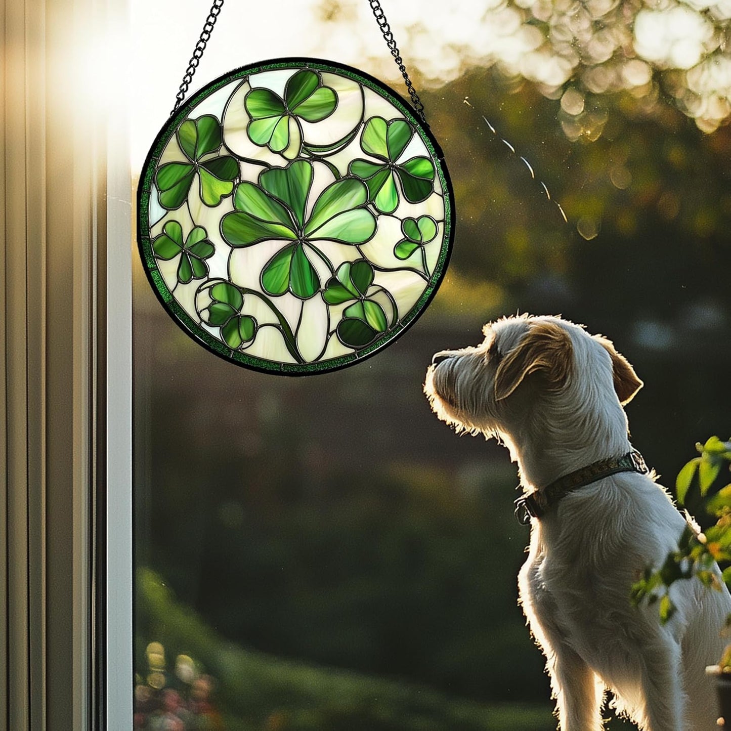 Stained Glass Window Hanging - Green Clover Flowers Suncatcher for Doors Garden St. Patrick's Day Plant Floral Sun Catchers Decor Mother's Day Birthday Gifts for Women Men Mom Nana 6.3 in