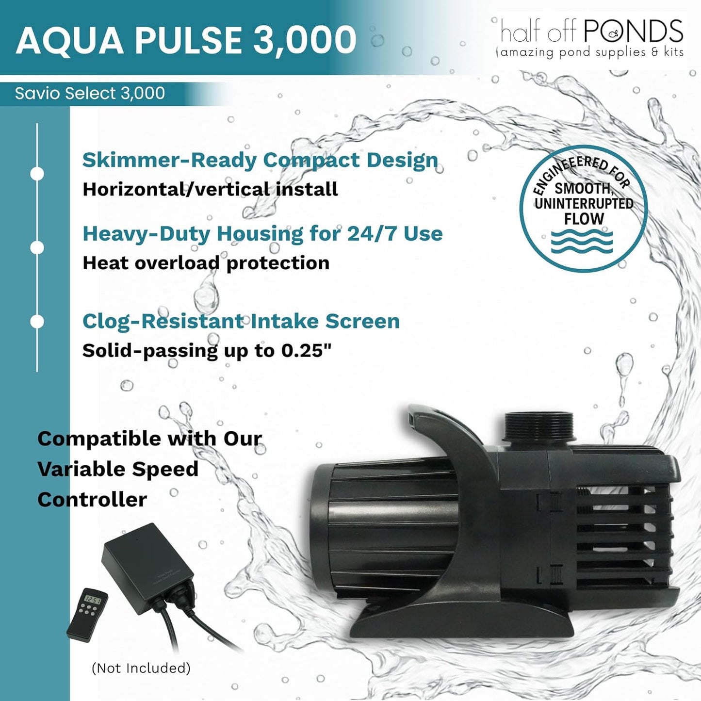 HALF OFF PONDS Savio Select 3,000 GPH Submersible Pump Pond Kit with 10' x 15' EPDM Rubber Pond Liner for Water Garden & Koi Pond