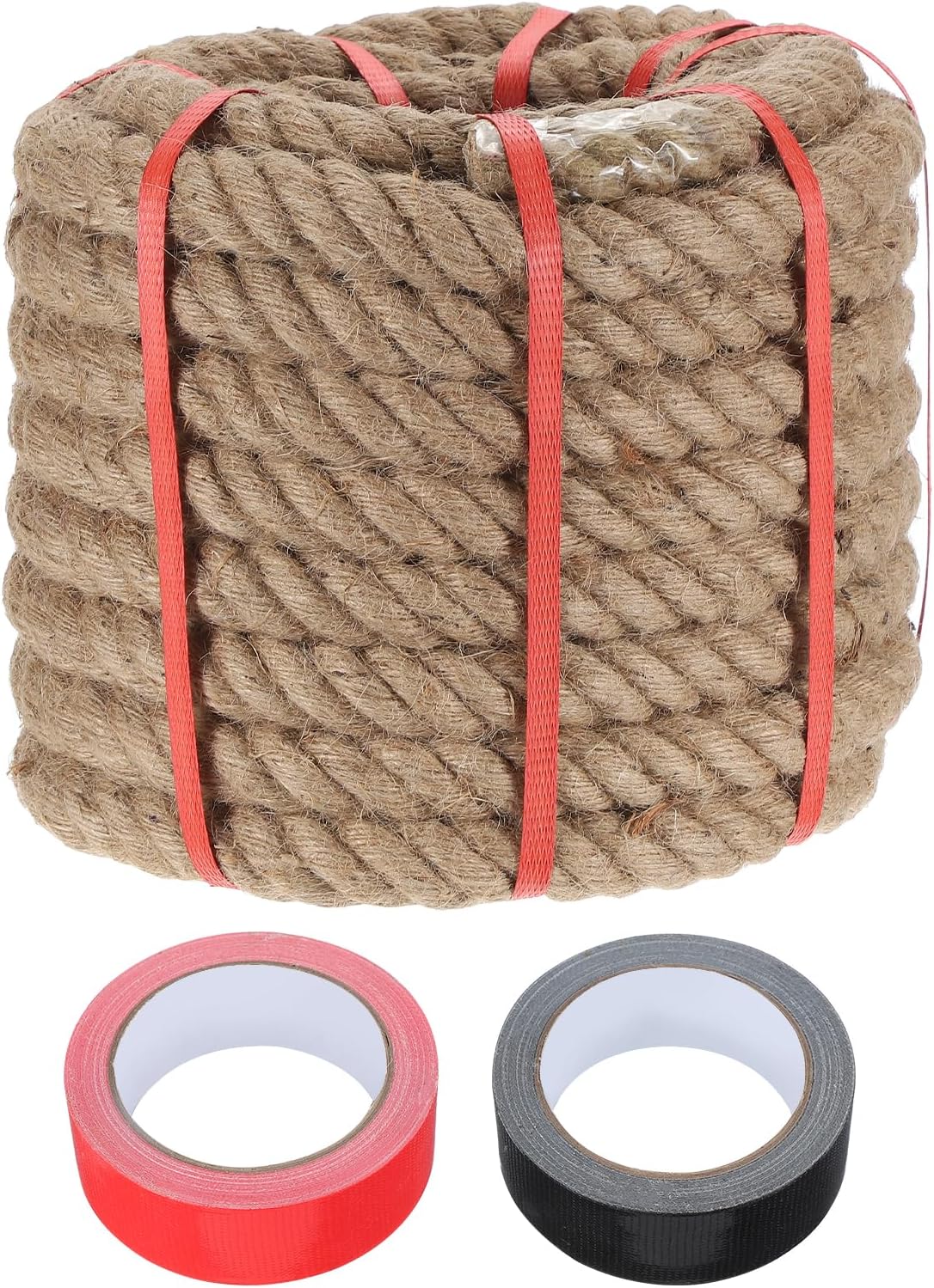 MECCANIXITY Jute Rope 1.1 Inch x 49ft, Thick Twine Rope Ropes Braided Jute Twine Natural Brown Burlap Cord String Heavy Twisted with Tapes for Decorative Crafts Railing Swing Tug of War