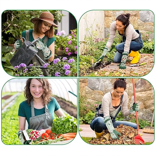 Gardening Gloves for Women, Comfortable Floral Long Sleeve Garden Gloves for Gardening and Outdoor Work, Durable Leather Long Gardening Gloves, Great Gift Ideas for Ladies, Green Print (Large)