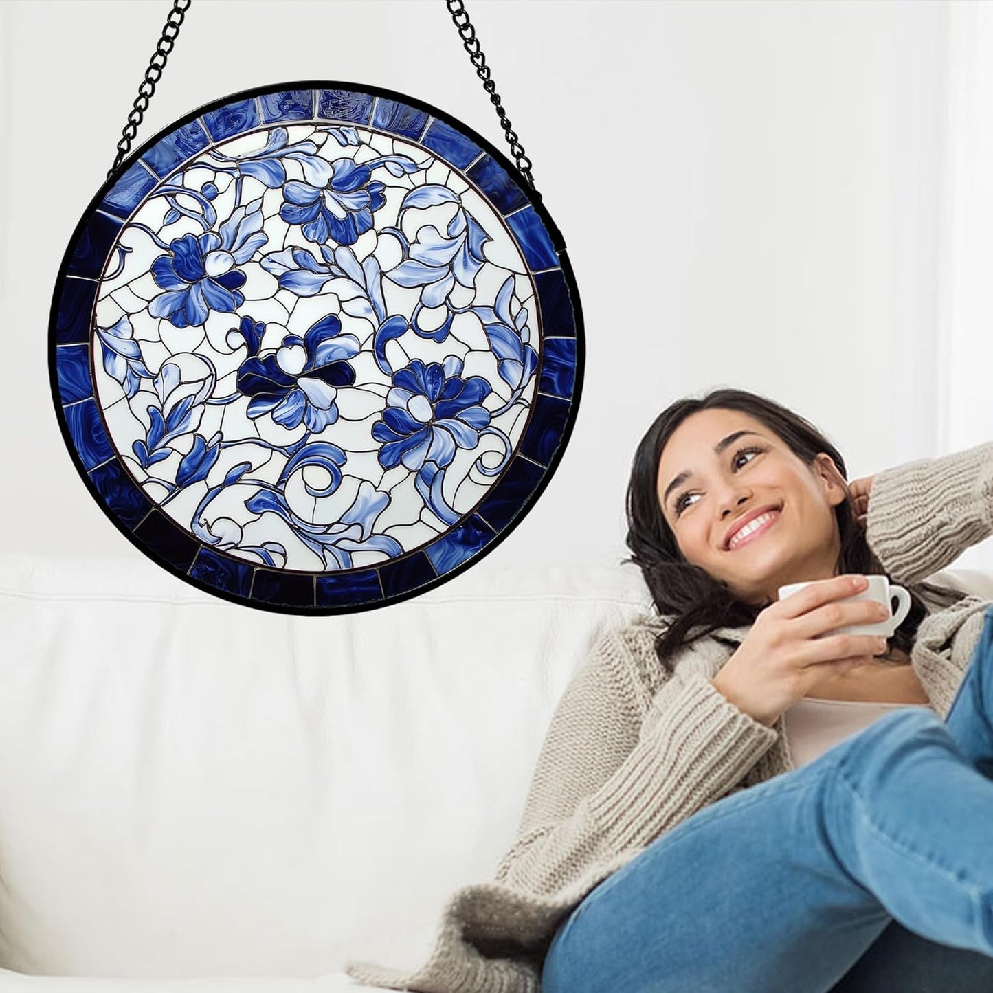 Stained Glass Window Hanging, Blue and White Abstract Flowers Sun Catcher for Door Home Decor Suncatcher Christmas Mother's Day Birthday Gifts for Women Men Mom and Nana 9.8 in