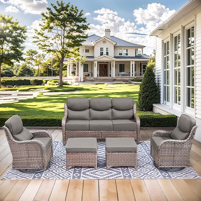 HUMMUH Wicker Patio Furniture Set 6 Inch Thick Cushion Outdoor Swivel Rocker Patio Chairs with Deep Seat Sofa 5PCS Outdoor Furniture Set for Porch Garden Deck