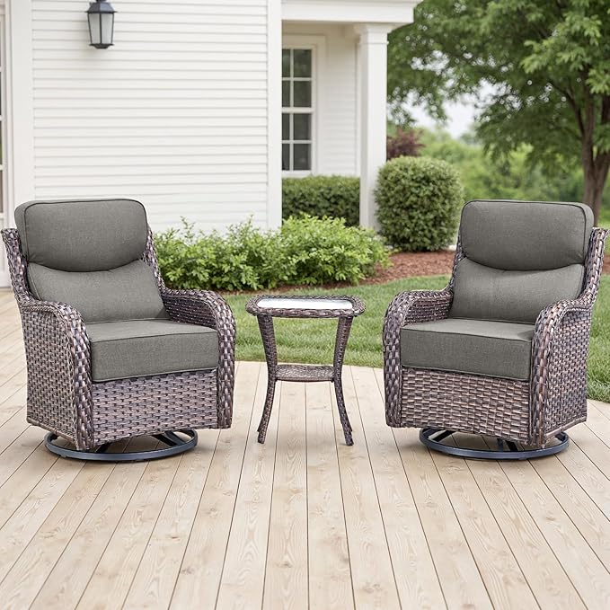 Rilyson Outdoor Patio Swivel Rocker Chairs Set of 2, Waterproof Wicker, High Back, Deep Seating, Wide Armrest, Upgraded 6 inch Thick Cushions, Side Table, Ideal for Deck Porch Yard, Brown-Grey