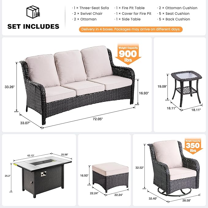 ovios 7 Pieces Patio Furniture Set, Outdoor Wicker Sofa Couch with Swivel Chairs 42" Fire Pit Table, High Back All Weather Modern Conversation Sets, Brown Rattan, Beige