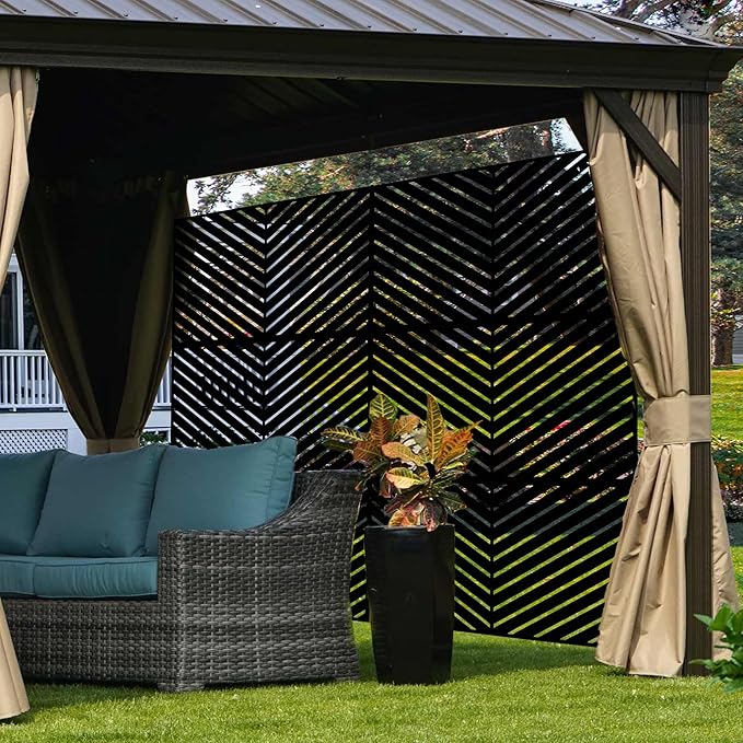 Kozyard Metal Privacy Screen 74" H x 47.2" W Decorative Outdoor Divider with Stand Panels Freestanding Screen Set for Deck Patio Balcony Garden Outdoor&Indoor(Black/Chevron)