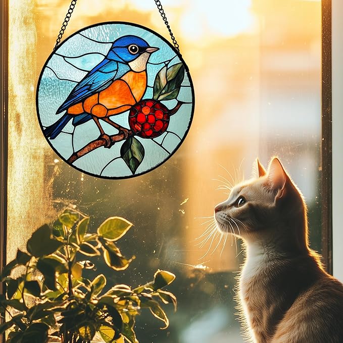 Stained Glass Window Hanging 4 Pcs Set Cardinal Blue Birds Large 15" - Suncatcher Door Garden Sun Catcher Decor Birthday Mother's Day for Bird Lovers Men Woman Nana Friend