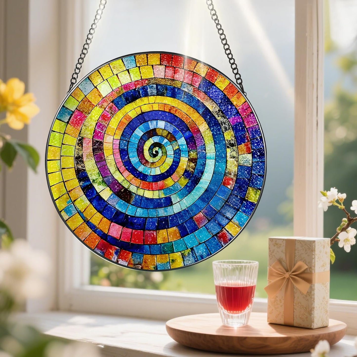 Stained Glass Window Hanging, Pauyadu 8 Inch Rainbow Spiral Stained Glass Suncatcher, Suncatchers for Windows Hanging, Window Decor, Gifts for Art Lovers, Idea Gifts for Women, Friend, Lover