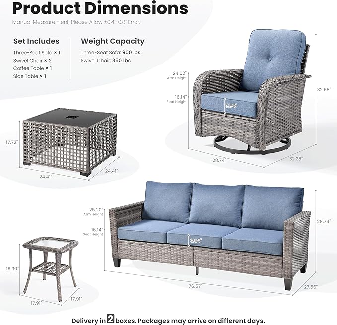 ovios 5 Pieces Patio Furniture Set, Outdoor Wicker Sofa Couch with Rocking Swivel Chairs Solar Lights Table, Modern Deep Seat Rattan Conversation Sets for Porch Deck, Denim Blue