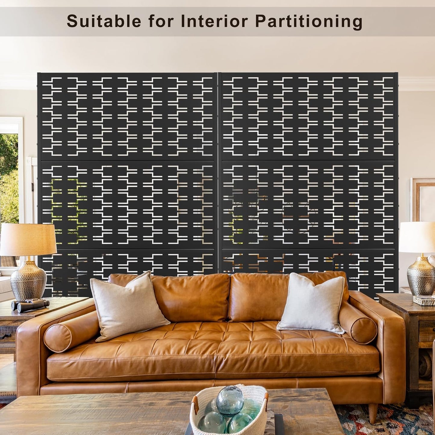 Metal Privacy Screen Outdoor 72" H×47" W, Freestanding Decorative Privacy Screen for Balcony Yard&Garden, Privacy Fence-Black&Brick