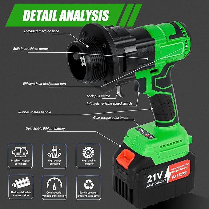 Updated Cordless Stick Water Transfer Pump With 21V Battery, 720GPH Portable Utility Water Pump (With Battery And Charger) Suitable for Garden, Pool, Pond, Deep Well Draining, Maximum Head 32FT