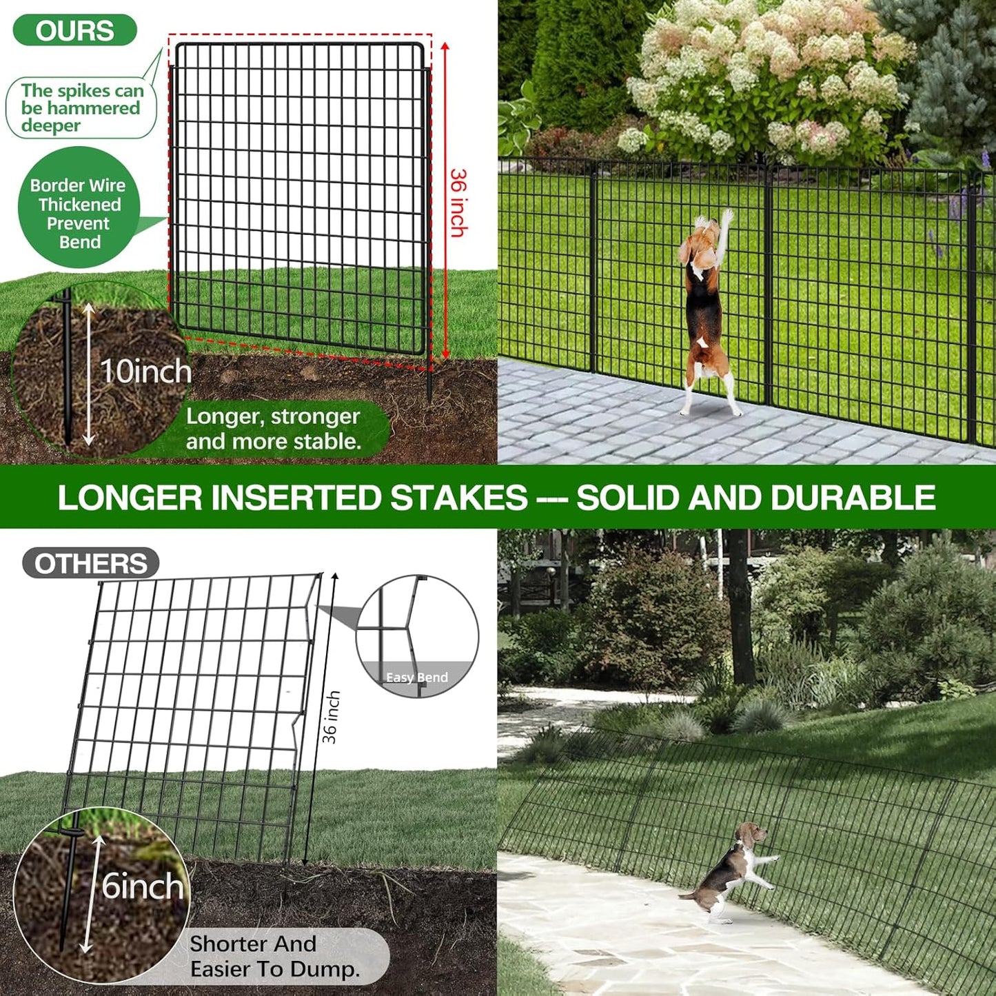 10 Panels Dog Fence Outdoor for Yard, 36 in(H) X 25 ft(L) Decorative Garden Fence Rustproof No Dig Animal Barrier Fencing Metal Wire Panel Border Patio Rabbits Ground Stakes Fencing