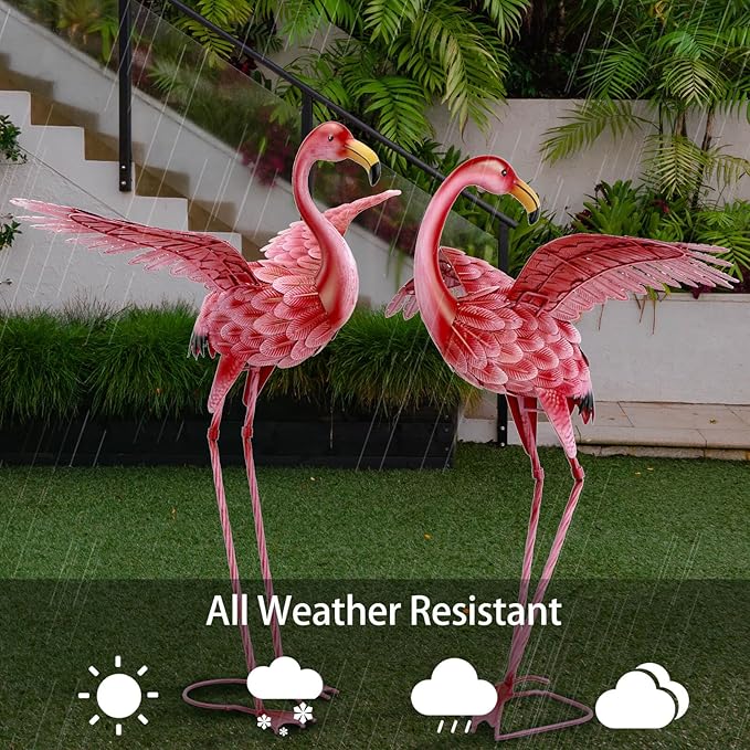 Natelf Pink Flamingo Yard Decorations, Tall Birds Garden Statues and Sculptures, Metal Lawn Art Ornaments for Outdoor Patio Backyard, Set of 2