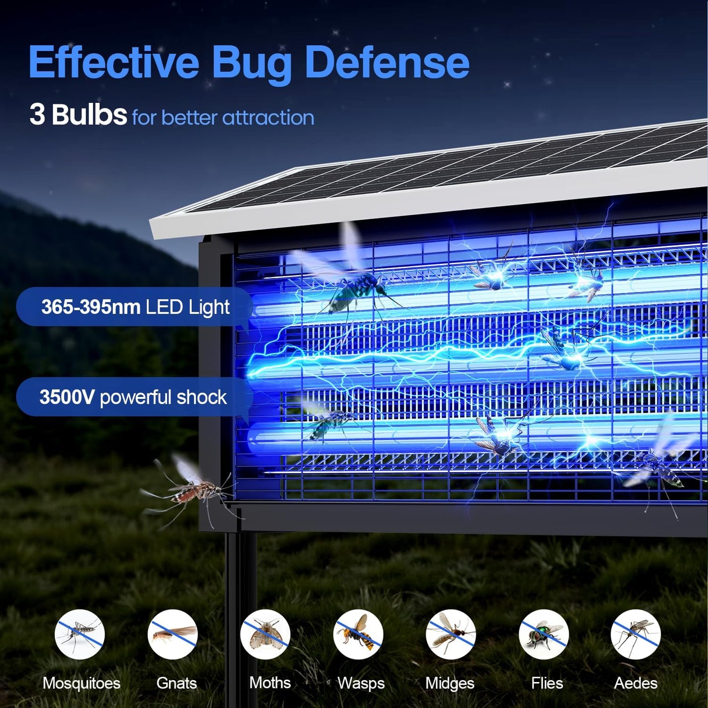 Solar Bug Zapper Outdoor, 30W Large Mosquito Zapper, Electric Mosquito Killer Outdoor, Waterproof & Portable Fly Killer, Rechargeable Flying Insect Trap for Patio, Yard, Garden, Home, Camping, Black