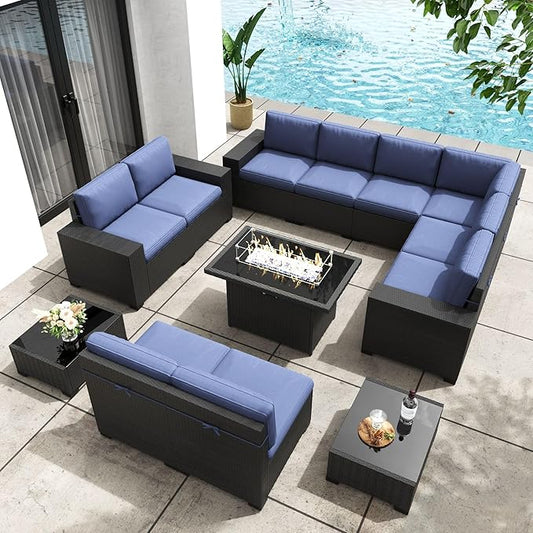 Patio Furniture Set with Fire Pit Table, 13 Pieces Outdoor All-Weather Wicker Conversation Sectional Chair Sofa Set