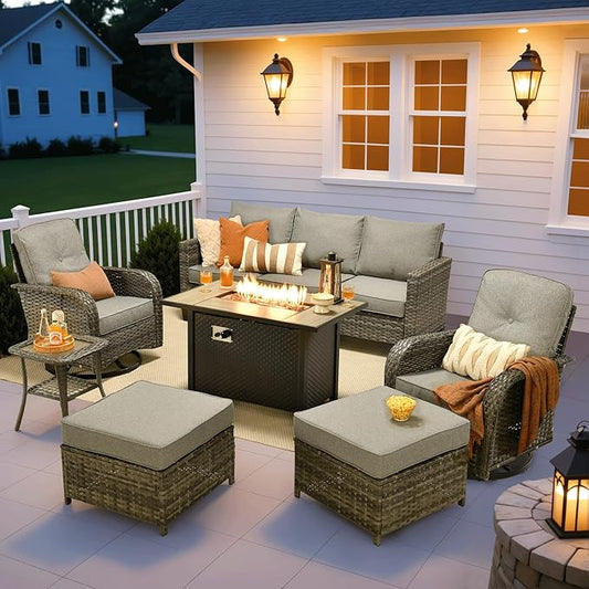 ovios 7 Pieces Patio Furniture Set, Outdoor Wicker Sofa Couch with Rocking Swivel Chairs Fire Pit Table, Modern Deep Seat Rattan Conversation Sets for Porch Deck, Dark Grey