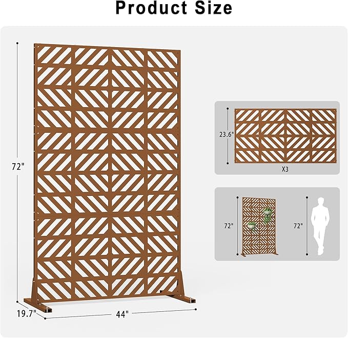 Heavy-Duty Outdoor Privacy Screen for Patio, Balcony, Backyard - 72" H * 44" W Metal Room Divider with Geometric Pattern, Anti-Tipping Kit, Weather Resistant, Easy Assembly (Raw Umber-FGXPF)