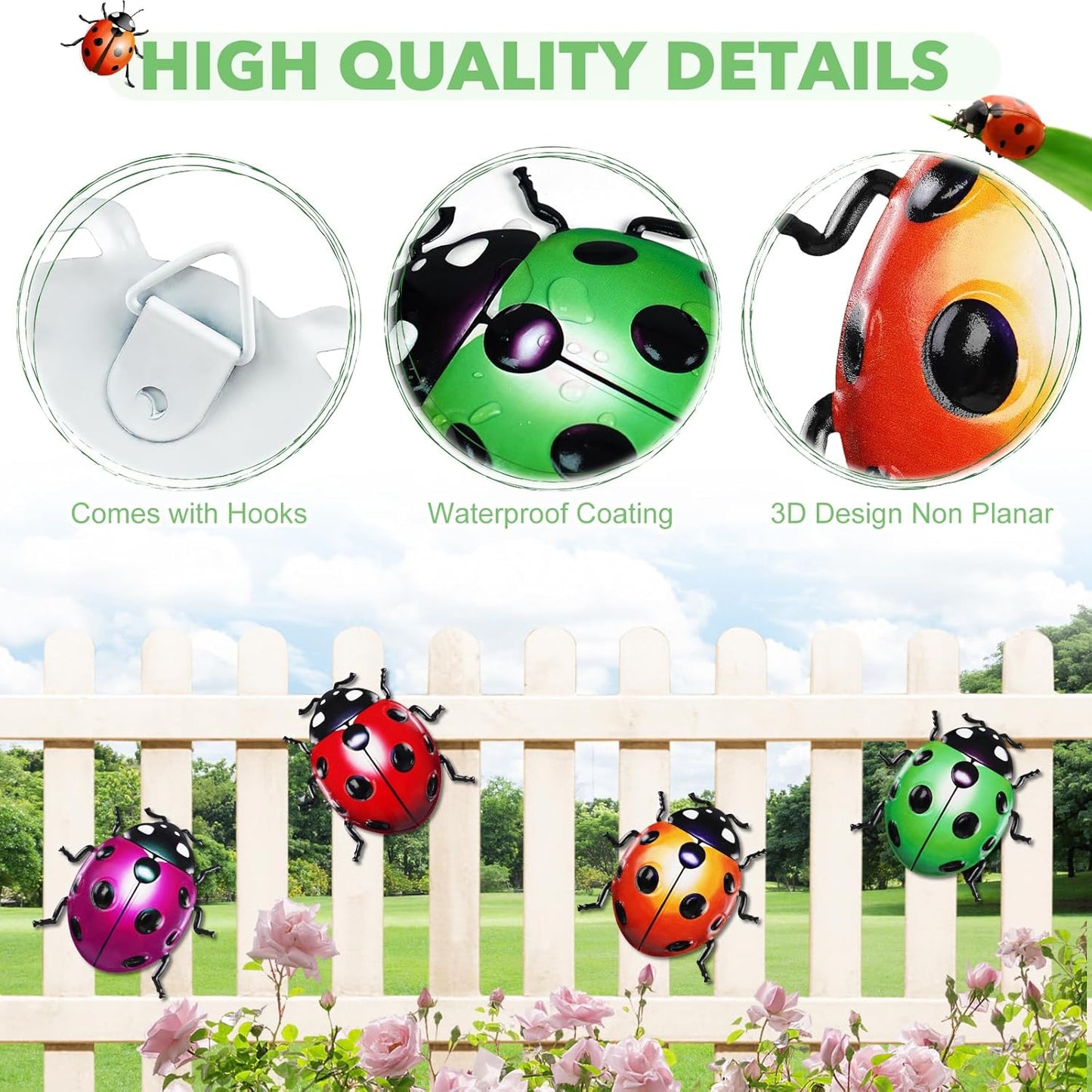 ULENDIS 4 PCS Cute Metal Ladybugs Wall Art Decor, 6.3 Inch Large Outdoor Wall Art Patio Fence Decorations, Colorful Yard Art Lawn Ornaments for Backyard Balcony