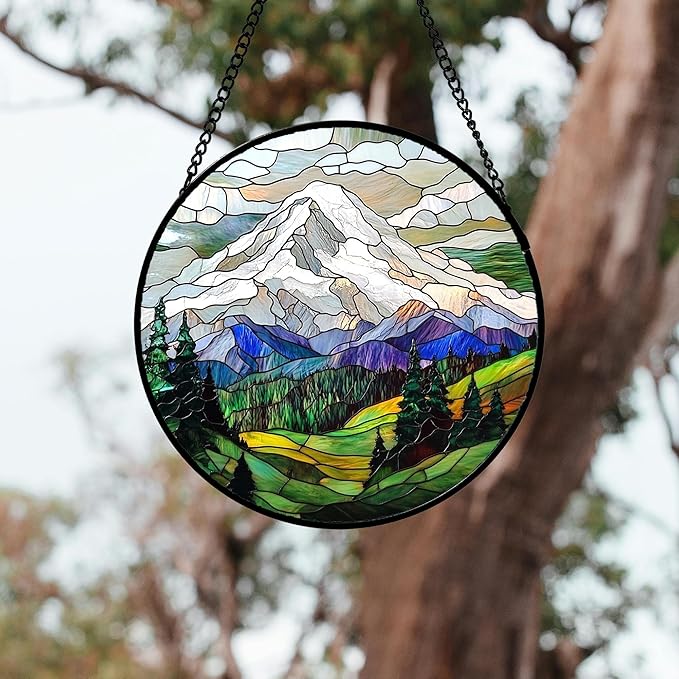 Stained Glass Window Hanging 4 Pcs Set Mountains Lake Green White Landscape 7.8" - Suncatcher Door Garden Sun Catcher Decor Birthday Christmas for Mom Woman Nana Men