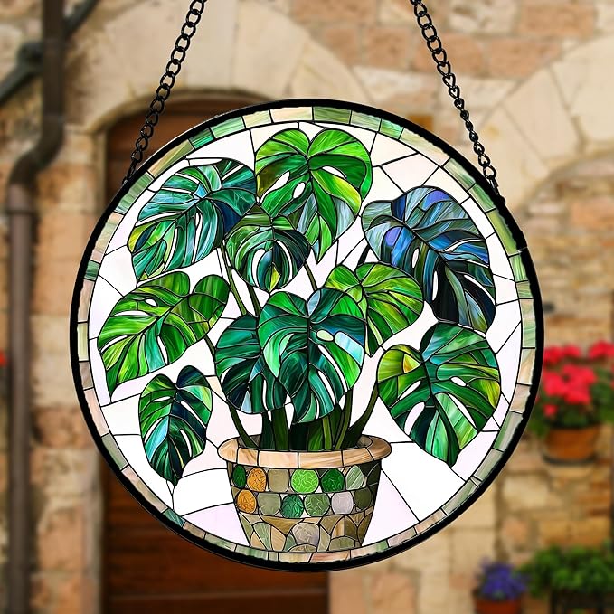 Stained Glass Window Hanging, Green Plant Monstera t Suncatcher Diamond Colorful Glass Panel Sun Catchers Decor for Birthday for Women, Men, Wife, Aunt, and Mom 7.8 in