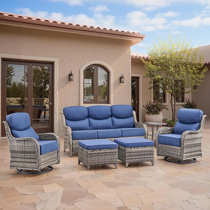 Swivel Patio Chairs sofa Set of 6 - 6" Thick Cushion - Wicker Outdoor Swivel Rocker Patio Chair ,Sofa/Glass coffee table, High Back Comfortable Outdoor Glider Chairs - Grey Wicker | Blue Cushions