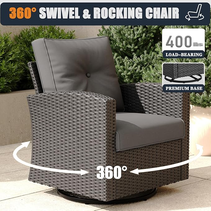 Patio Furniture Set with Fire Pit Table, 11 Pieces Outdoor All-Weather Wicker Conversation Sectional Chair Sofa Set with 2 Swivel Chairs