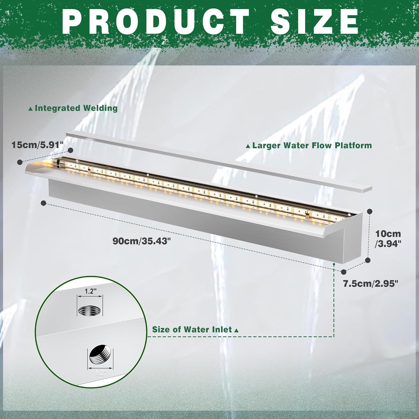 LONGRUN Waterfall Pool Fountain, Updated 5.9'' Wider Open Lip Stainless Steel Waterfall Spillway, Decorative Water Feature for Swimming Pools, Koi Ponds, Spa & Garden - 35.4''