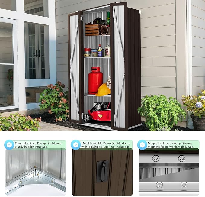 AECOJOY Outdoor Storage Cabinet Waterproof with Shelves, Vertical Tall Garden Outdoor Cabinet, Sheds & Outdoor Storage Clearance Cabinet Weatherproof for Outside in Brown