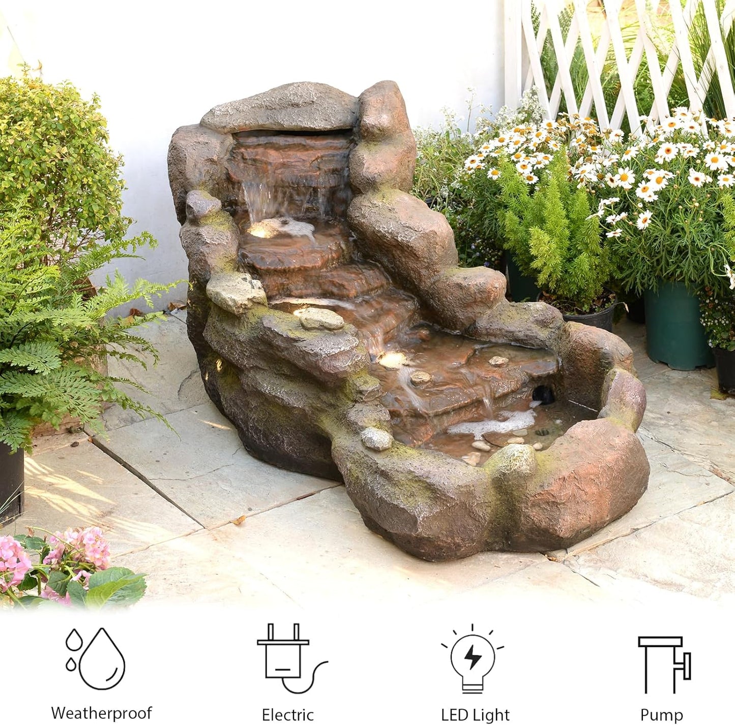 42.1" L Garden Water Fountain Outdoor, Floor Standing Mutiply Tiered Rock Outdoor Fountains with LED Lights and Pumps for Garden, Backyard, Porch, Patio and Home Art Decor