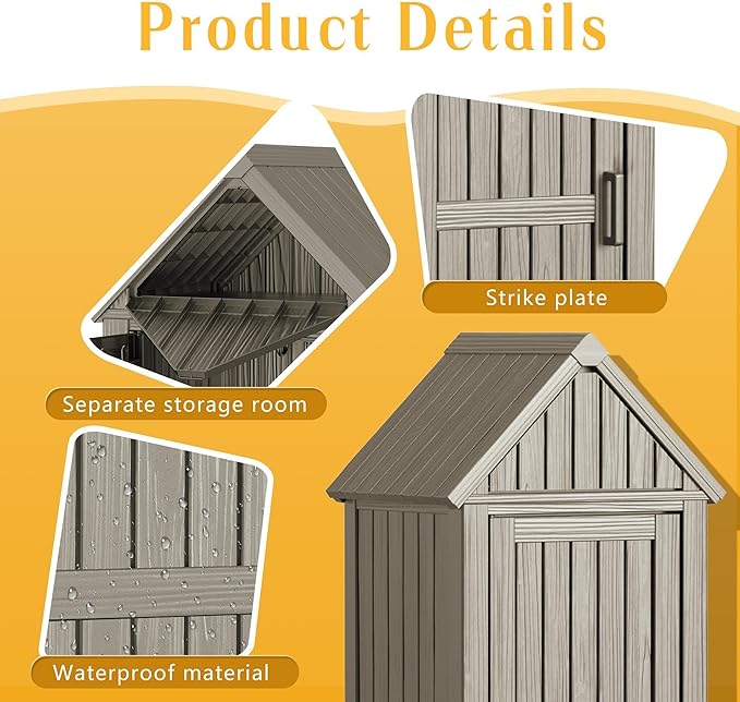 Storage Shed Outdoor,Waterproof Resin Garden Tool Shed, Heavy-Duty Weather-Resistant Cabinet for Patio, Backyard, or Garage (Grey)