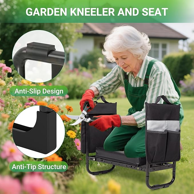 Walensee Garden Kneeler and Seat – Foldable Heavy Duty Garden Stool with Soft Leather Kneeling Pad, Removable Tool Pouch, Sturdy Steel Frame, No Assembly, Ideal Gardening Gift for Women & Men