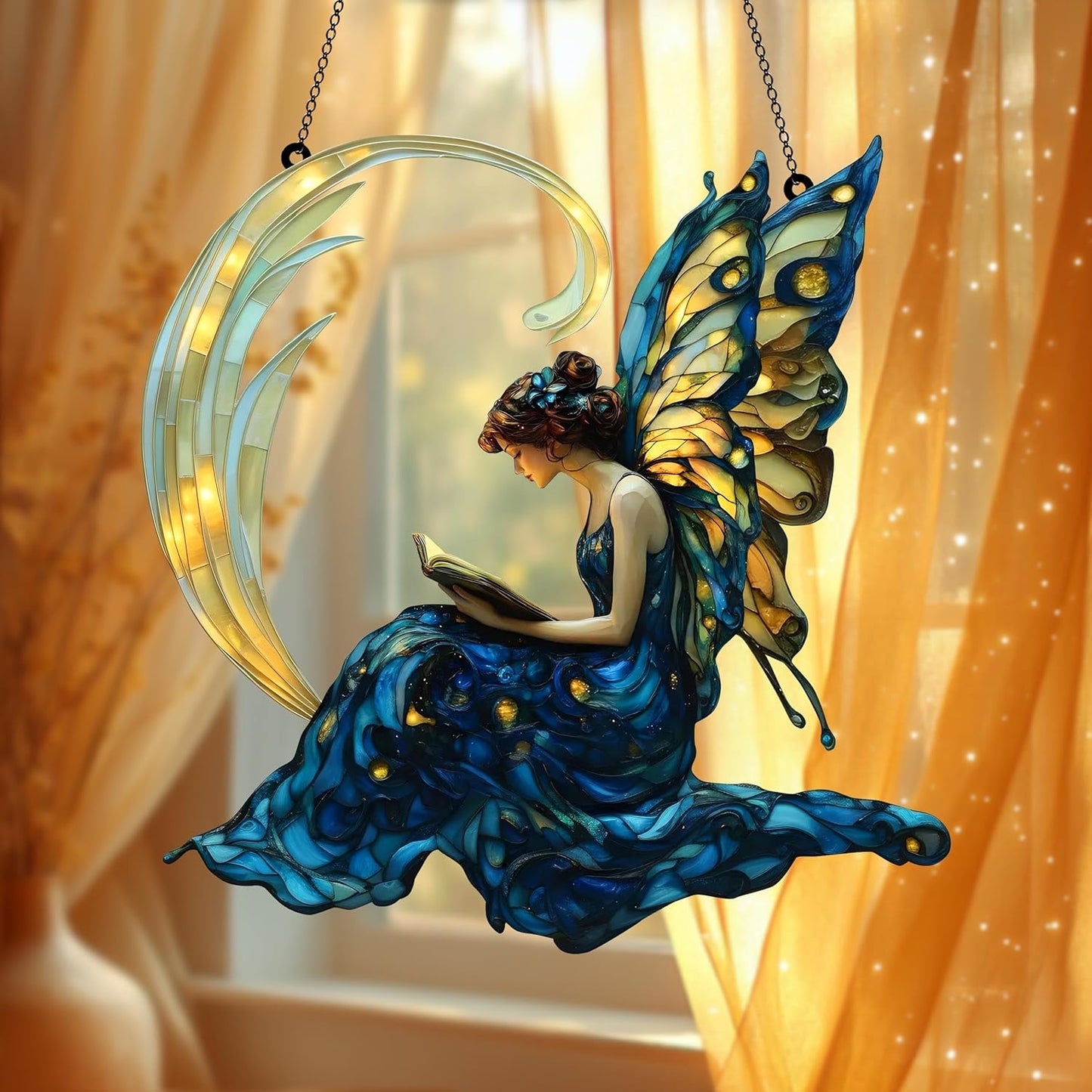 Butterfly Fairy Reading Book Acrylic Suncatcher Ornament Window Hanging Book Lover Gift Fairy Garden Decor
