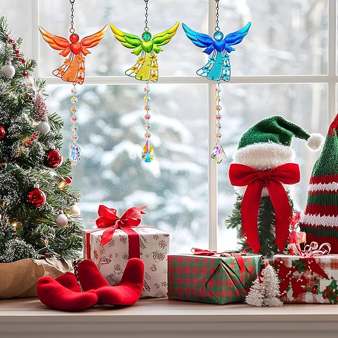 Set of 3 Guardian Angel Suncatchers, Crystal Angel Sun Catcher for Windows Hanging, Stained Glass Angel Ornament for Outdoor Christmas Decor