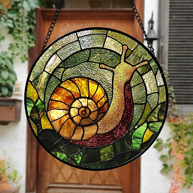 Stained Glass Window Hanging, Green Orange Snail Sun Catcher for Door Home Decor Suncatcher Christmas Mother's Day Birthday Gifts for Women Men Mom and Nana 11.8 in