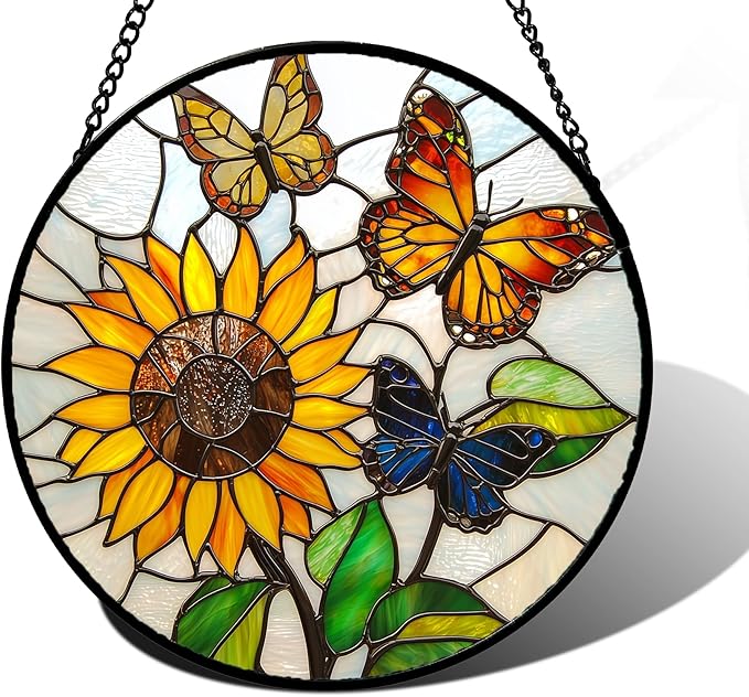 Stained Glass Window Hanging, Butterfly and Sunflowers Sun Catchers Glass Panel Plant Insects Suncatcher Decor for Birthday for Women, Men, Wife, Aunt, and Mom 11.8x11.8 in