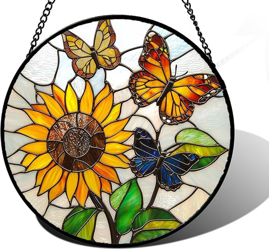 Stained Glass Window Hanging, Butterfly and Sunflowers Sun Catchers Glass Panel Plant Insects Suncatcher Decor for Birthday for Women, Men, Wife, Aunt, and Mom 11.8x11.8 in