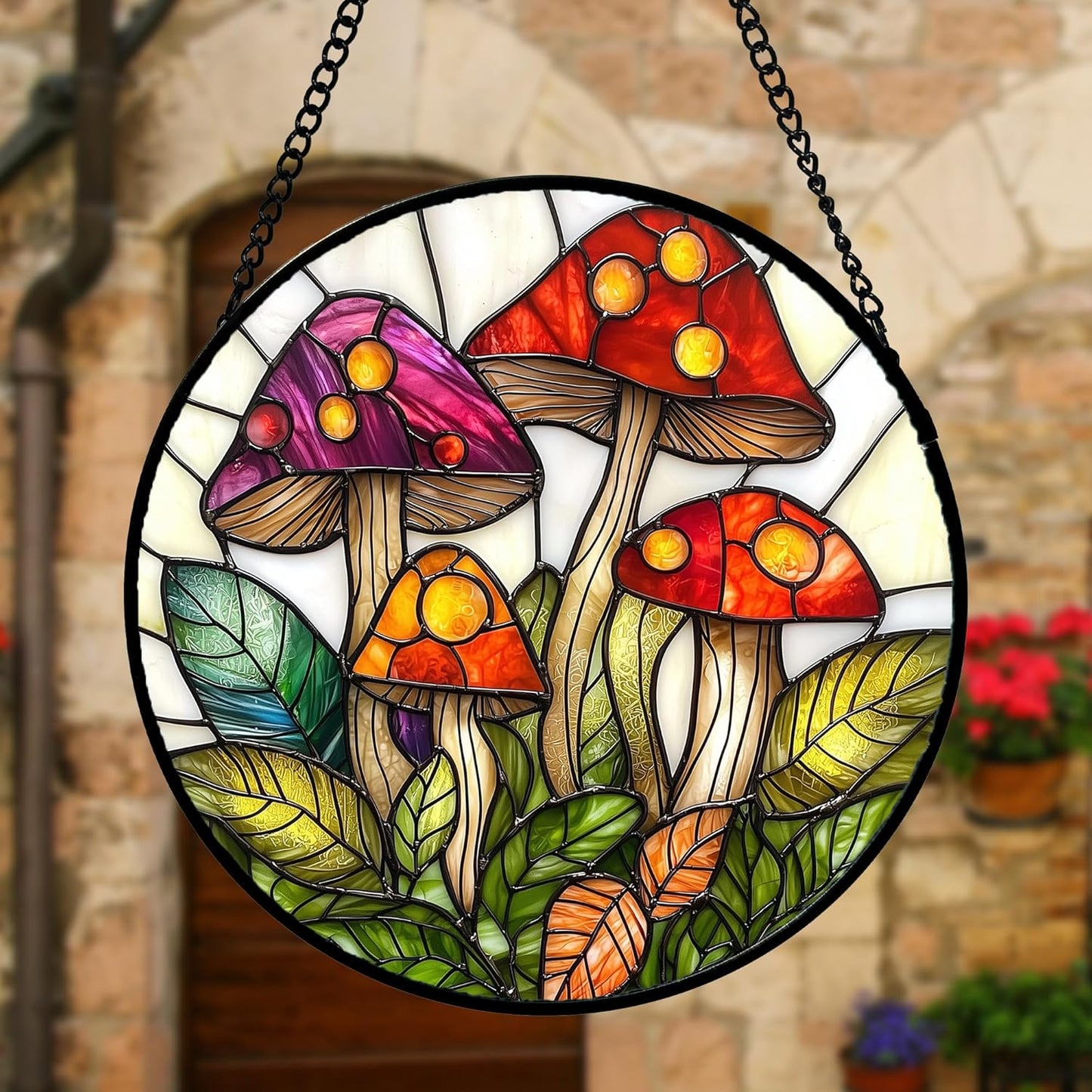 Stained Glass Window Hanging, Mushroom Leaves Suncatcher for Doors Home Sun Catchers Decoration and Christmas, Mother's Day Birthday Gifts for Women, Men, and Mom 6.3 in