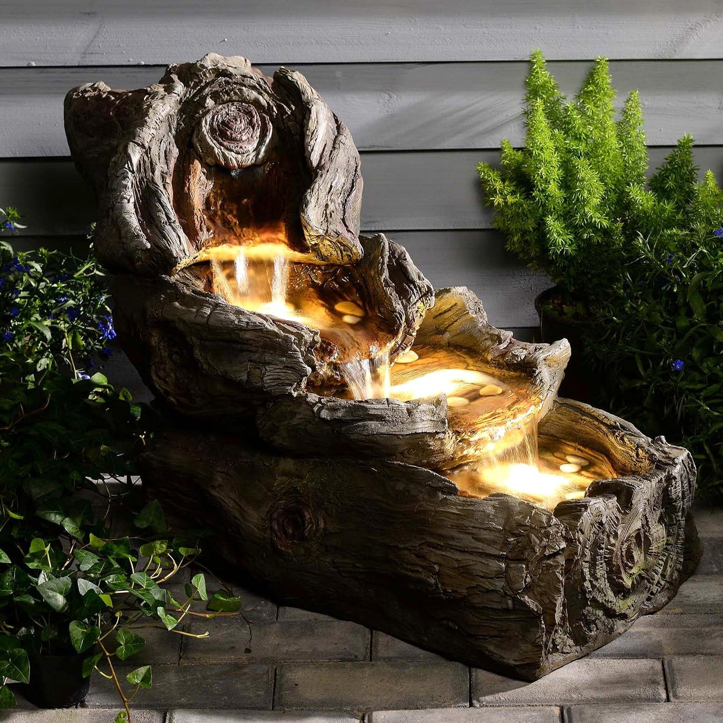 31.5" L Garden Water Fountain Outdoor, Artifical Imitation Wood Outdoor Water Fountain Natural Waterfall with LED Lights for Patio,Porch,Backyard,Home Art Decor（Resin）