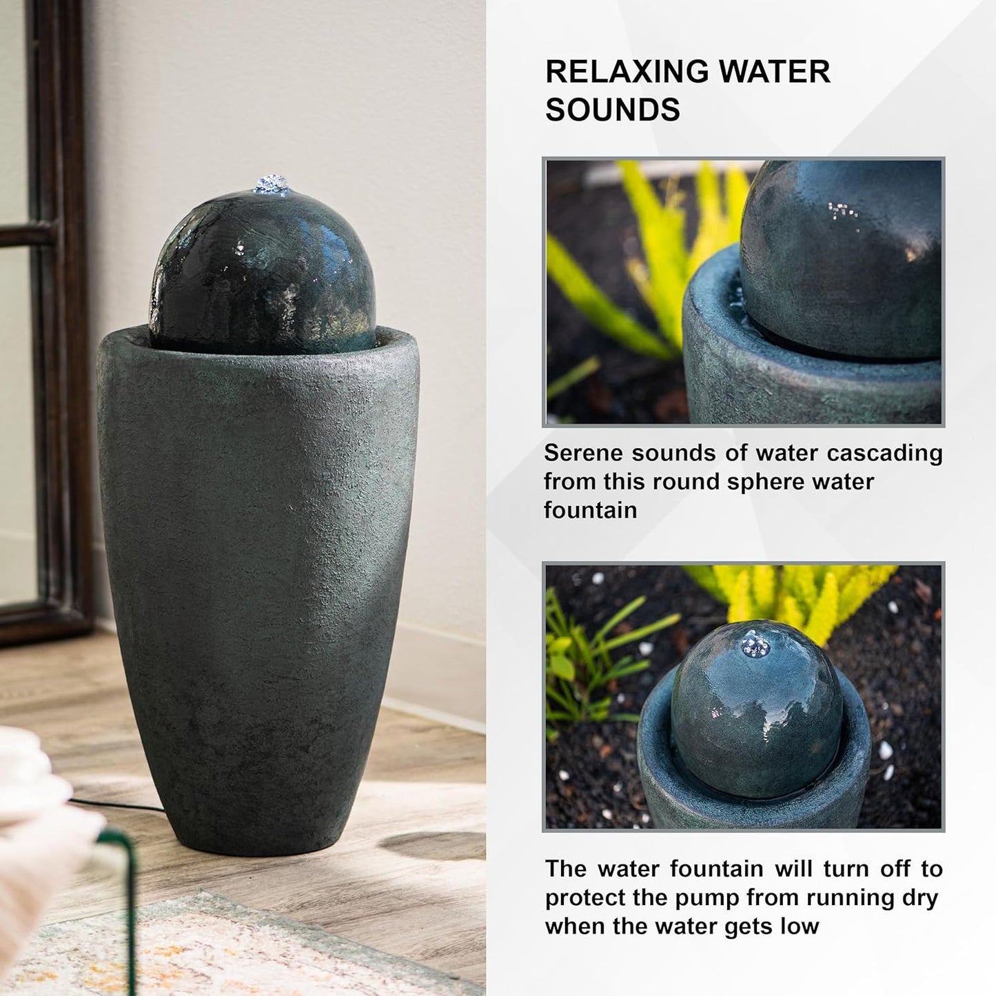 XBrand 25.98" H Round Stone Indoor/Outdoor Modern Stone Textured Sphere Water Fountain w/LED Lights Dark Green