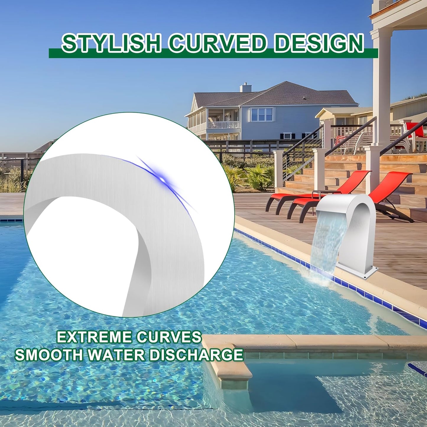 S-Shape Waterfall Spillway Ground Pool Fountain, LONGRUNNEW 304 Stainless Steel Outdoor Water Feature 18.82" x 11.93" x 12.20" for Garden Decor, Landscape Accents & Patio Pond Water Feature-Medium