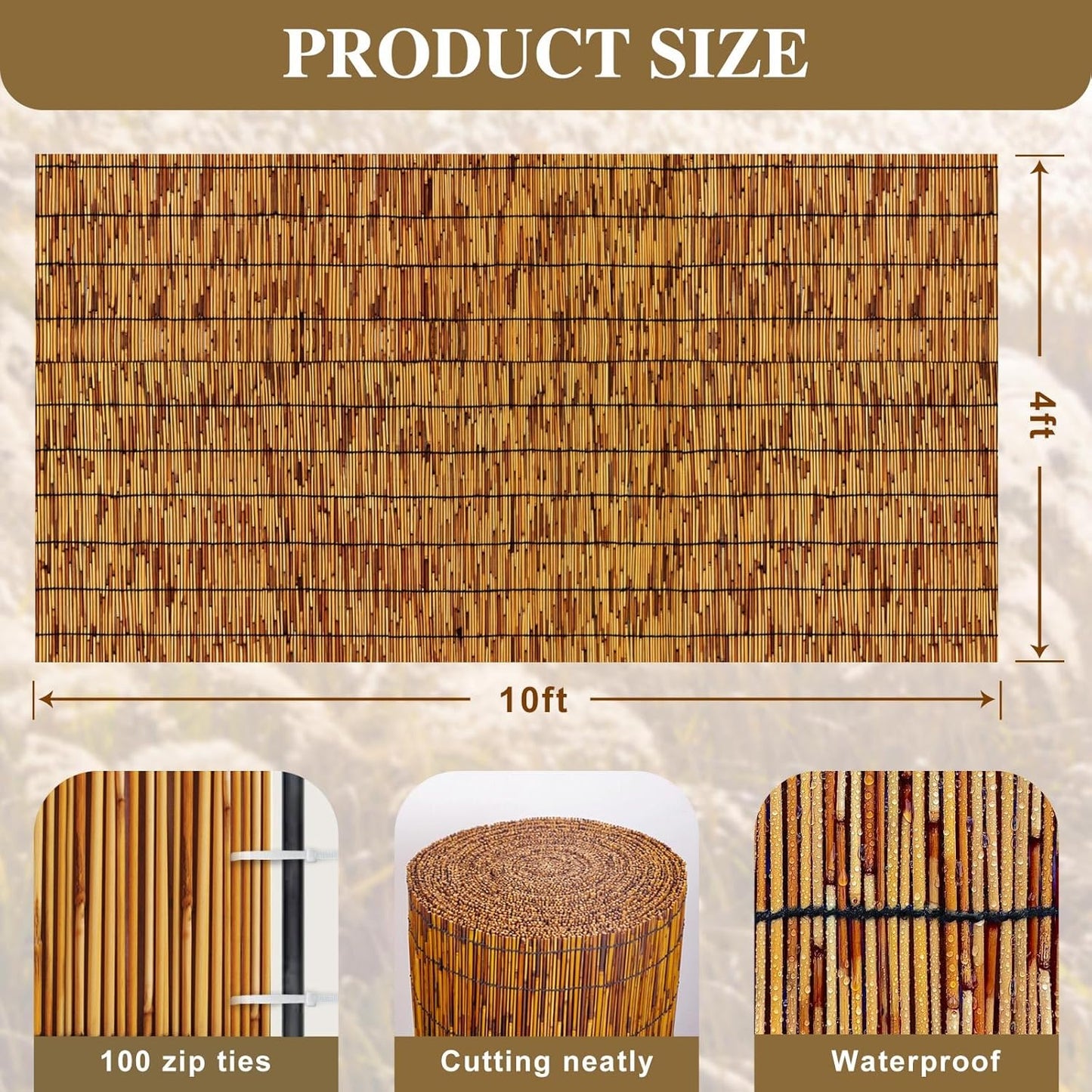 Bamboo Fence,Reed Fencing 4Feet High Bamboo Privacy Screen Outdoor for Patio, Reed Screen for Privacy Garden Backyard Balcony,4x10FT